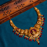 Deep Nakas Mahalakshmi With Red Poliks in CZ Studded Short Necklace 24kt Gold Polish