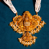 Deep Nakas Gajalakshmi in pearls long Necklace with CZ Studed 24kt Gold Polish