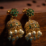 Flower In Green Stone With Cz Studded Earrings 18kt Gold Polish