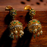 Flower Studded With Cz And Green Stone Earrings 18kt Gold Polish