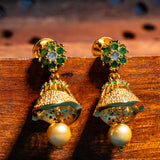 Green Stone Bell Bottom Cz Studded Earrings 18kt Gold Polish