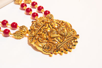 Radhe Krishna With Elephants Deep Nakas Red Round Ruby Gold Plated Necklace