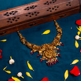 Deep Nakas Swaraswathi Short Necklace With Red beads in 24kt Antique Gold Polish