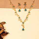 Sky Blue Cz Studed In Leaf Necklace And Earrings 18kt Gold Polish