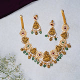 Deep Nakas Ashta Lakshmi studded With Green Polkis, CZ And Pearls Short Necklace in 24kt Gold Polish