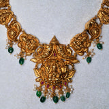 Deep Nakas lakshmi  Short Necklace With Green Polkis in 24kt Antique Gold Polish