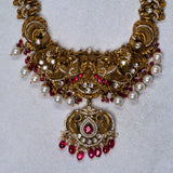 Deep Nakas Peacocok With Red Polkis in CZ Studed And Mossianite Long Necklace 24kt Gold Polish