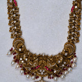 Deep Nakas Peacocok With Red Polkis in CZ Studed And Mossianite Long Necklace 24kt Gold Polish