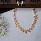 Flowers in Pink And Green Avikam Short Necklace With Earrings 18kt Gold polish