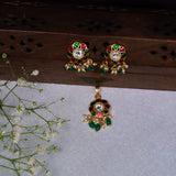 Pink And Green Kundan Studed Pendant With Earrings 24 kt Gold Polish