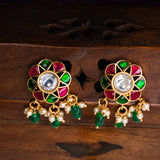 Pink And Green Kundan Studed Pendant With Earrings 24 kt Gold Polish