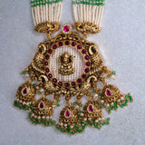 Deep Nakas Laksmi with Peacock In Pink Kundan And Green Polkis Long Necklace With Earrings 24kt Gold polish