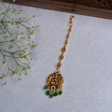 Deep Nakas Lakskhmi in Pink And Green Kundan Maangtikka 24kt Gold Polish