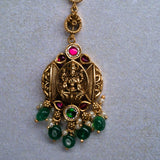 Deep Nakas Lakskhmi in Pink And Green Kundan Maangtikka 24kt Gold Polish