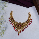 Deep Nakas Mahalaksmi With Red Poliks in CZ Studed Short Necklace 24kt Gold Polish