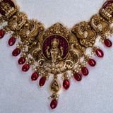 Deep Nakas Mahalaksmi With Red Poliks in CZ Studed Short Necklace 24kt Gold Polish