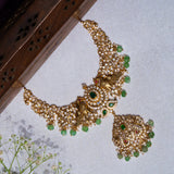 Peacock in Mossianite With Green Kundan Short Necklace 24kt Gold Polish