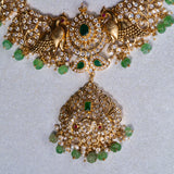 Peacock in Mossianite With Green Kundan Short Necklace 24kt Gold Polish