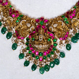 Deep Nakas Mahalakshmi In Cz Studed Pink And Green Kundan Studed Short Necklace 24kt Gold polish