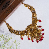 Deep Nakas Swaraswathi Short Necklace With Red beads in 24kt Antique Gold Polish