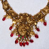 Deep Nakas Swaraswathi Short Necklace With Red beads in 24kt Antique Gold Polish