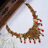 Deep Nakas Lakshmi With Multi Colour Kundan Wit CZ And Red Polkis Gold Plated Short Necklace