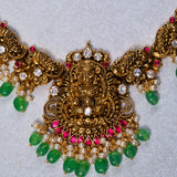 Deep Nakas Dhana Lakshmi With Mossinite And Pink Kundan Short Necklace in 24kt Gold polish