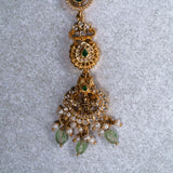 Mahalakshmi With Green and white CZ Maang Tikka in 24kt Gold Polish