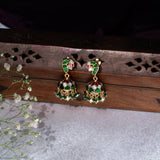 Peacock Green and Pink Kundan with Mossianite Jhumkas in 24kt Gold Polish