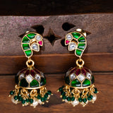 Peacock Green and Pink Kundan with Mossianite Jhumkas in 24kt Gold Polish