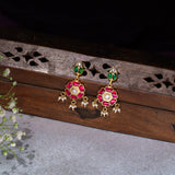 Pink Kundan Flower Droplets With Pearls Earrings in 24kt Gold Polish