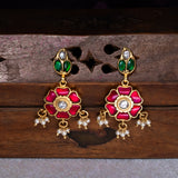 Pink Kundan Flower Droplets With Pearls Earrings in 24kt Gold Polish