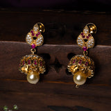 Leaves Studed In CZ And Pink Stone Earrings 18kt Gold Polish