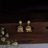 Flower Studed With Cz And Green Stone Earrings 18kt Gold Polish