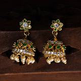 Flower Studed With Cz And Green Stone Earrings 18kt Gold Polish