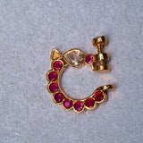 Deep Nakas Red Kundan Studed With mossianite In Parrot Nosepin 24kt Gold polish