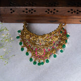 Deep Nakas Gajalaksmi With Pink Kundan And Green Polkis Choker in CZ studed 24kt Gold Polish