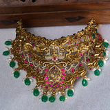 Deep Nakas Gajalaksmi With Pink Kundan And Green Polkis Choker in CZ studed 24kt Gold Polish