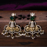 Lord Venkateshwara Green Stone Victorian Pendant With Earrings