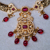 Deep Nakas Cz Studed With Red Gem Stone Sort Necklace With Earrings in 24kt Gold Poilsh