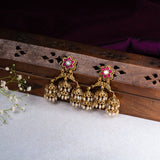 3 Layered Rice pearl Kundan Jumkas in 24kt Gold Polish