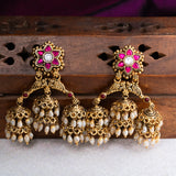 3 Layered Rice pearl Kundan Jumkas in 24kt Gold Polish