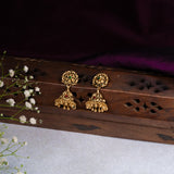 Deep Nakas Flower Shaped With Green Stones Gold Plated Jhumkas