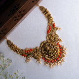 Deep Nakas Lakshmi With Orange Coral And Cz  Studed Short Necklace 24kt Gold polish