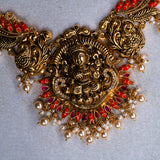 Deep Nakas Lakshmi With Orange Coral And Cz  Studed Short Necklace 24kt Gold polish