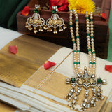 Lord Venkateshwara Green Stone Victorian Pendant With Earrings