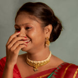 Deep Nakas Lakshmi studded With Green Polkis, CZ And Pearls Short Necklace in 24kt Gold Polish