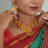 Deep Nakas lakshmi  Short Necklace With Green Polkis in 24kt Antique Gold Polish
