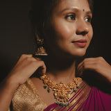 Deep Nakas lakshmi  Short Necklace With Green Polkis in 24kt Antique Gold Polish