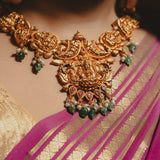 Deep Nakas lakshmi  Short Necklace With Green Polkis in 24kt Antique Gold Polish